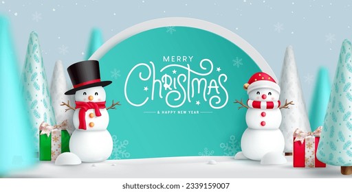 Merry christmas podium vector design. Christmas and new year podium stage for product display and presentation. Vector illustration greeting card in snow winter background.
