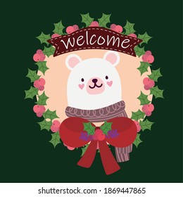 merry christmas polar bear with bow in wreath holly berry ornament vector illustration