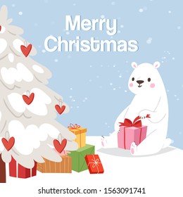 Merry christmas and polar bear with gift box and white snowy fir tree vector illustration. Winter web design of a cute polar bear with presents, ribbons, red love hearts and christmas tree.