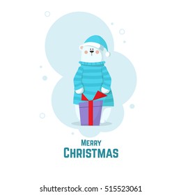 Merry Christmas. Polar bear with a gift. Flat Vector Illustration