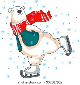 Merry Christmas. Polar bear on ice skates. illustration