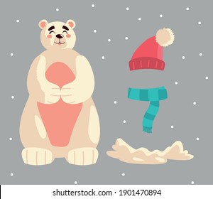 merry christmas polar bear scarf hat and snow icons set vector illustration