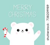 Merry Christmas. Polar white bear cub holding candy cane stick. Reaching for a hug. Cute cartoon baby character. Open hand ready for a hugging Arctic animal. Flat design. Winter background. Vector