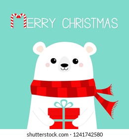 Merry Christmas. Polar white bear cub face holding gift box present. Red scarf. Cute cartoon baby character. Happy New Year. Arctic animal. Flat design Hello winter. Blue background. Vector