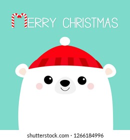 Merry Christmas. Polar white bear cub face. Red hat. Happy New Year. Cute cartoon baby character. Arctic animal. Hello winter. Flat design. Hello winter. Blue background. Vector illustration