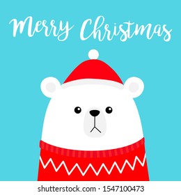 Merry Christmas. Polar white bear cub head face wearing red Santa hat knitted ugly sweater. Cute cartoon smiling baby character. Arctic animal. Flat design. Winter background. Vector illustration
