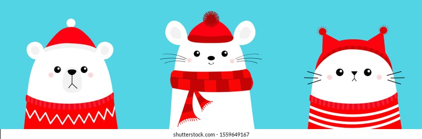 Merry Christmas. Polar white bear cub Mouse Cat head face wearing red Santa hat knitted ugly sweater, hat, scarf. Cute cartoon kawaii baby character. Arctic animal Flat design Winter background Vector