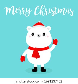 Merry Christmas. Polar white bear cub face in red Santa hat, scarf, mittens. Cute cartoon kawaii funny baby character. Happy New Year. Arctic animal. Flat design Hello winter. Blue background. Vector