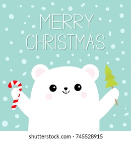 Merry Christmas. Polar white bear cub hand holding candy cane Fir tree spruce stick. Reaching for a hug. Cute cartoon baby character. Arctic animal. Flat design. Winter snow flake background. Vector