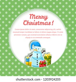 Merry christmas polka dot postcard with snowman and gift boxes in middle flat vector illustration
