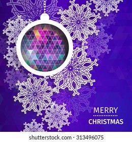 Merry Christmas polygonal background with snowflakes, paper round ball,garland - tree decorations. Xmas ornaments. Geometric Vector illustration - eps10
