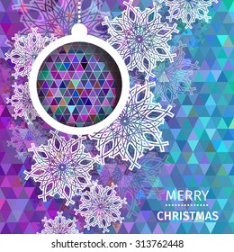 Merry Christmas polygonal background with snowflakes, paper round ball,garland - tree decorations. Xmas ornaments. Geometric Vector illustration - eps10