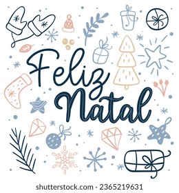 Merry Christmas in Portuguese with colorful adornments. Socks, pine tree, christmas balls, gift, stars, leaves.