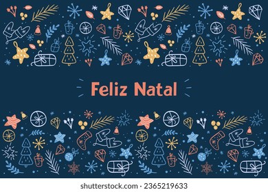 Merry Christmas in Portuguese with colorful adornments. Dark background. Gloves, pine tree, christmas balls, gift, stars, branches.