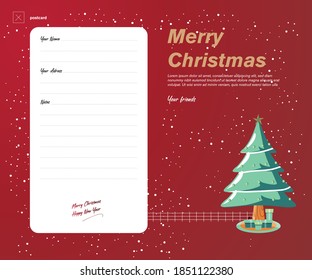 Merry Christmas Poscard and and happy new year note paper for your friends decorated with christmas gifts under the decorated pine tree