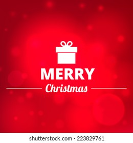 Merry Christmas Post Card background. Present icon and greeting on abstract red background with bokeh and light effects