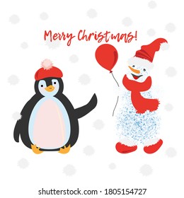 Merry Christmas post card with cute snowman and penguin among falling snowflakes. Winter holidays backround. Cartoon prnguin and snow man, editable vector elements for your design. Child style.