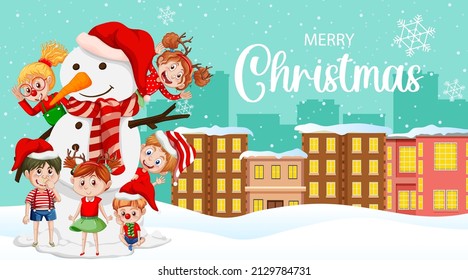 Merry Christmas post card design with happy children and snowman illustration