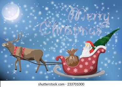 Merry Christmas post card with flying Santa Claus and deers night snow Background