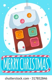 Merry Christmas post card with hand craft textured house. Designed text. Vector illustration.