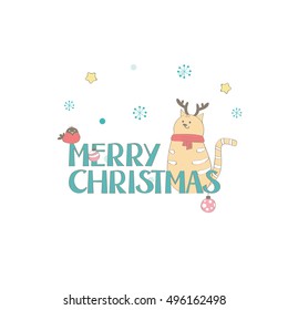 Merry Christmas post card with lettering and cat wearing red scarf and Christmas reindeer antlers, with bullfinch,  stars, snowflakes and Christmas balls in the background.  Vector illustration.