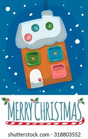 Merry Christmas post card with toy house. Designed text. Vector illustration.