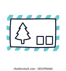 merry christmas post card with christmas tree icon over white background, half line half color style, vector illustration