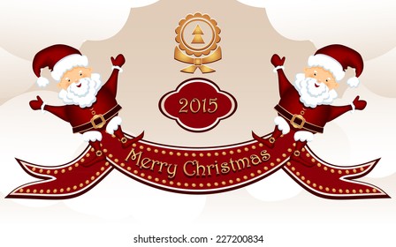 Merry Christmas Post Card with two Santa Clauses for congratulation winter holidays or for invitation  on  Christmas sale 