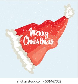 Merry Christmas post card. Winter greeting card with Santa's hat and modern lettering. Vector illustration