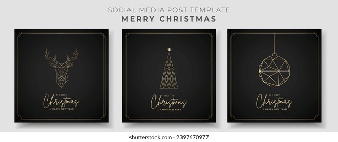 Merry Christmas Post Collection. Luxury Christmas Celebration Gold Poster Design. Xmas Minimalist Post