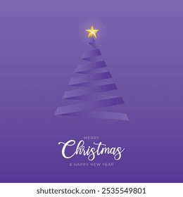 Merry Christmas Post and Greeting Card. Minimal Christmas Card with Christmas Tree and Happy New Year Text Vector Illustration