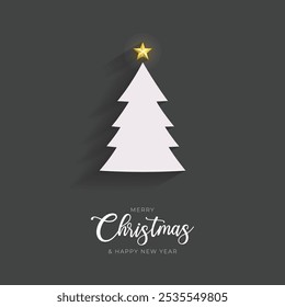 Merry Christmas Post and Greeting Card. Minimal Christmas Card with Christmas Tree and Happy New Year Text Vector Illustration