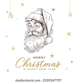 Merry Christmas Post and Greeting Card. Minimal Christmas Card with santa and Happy New Year Text Vector Illustration