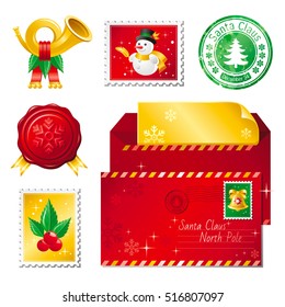 Merry Christmas Post icon set. Letter for Santa Claus icons, design elements. Paper envelope, sheet, postage stamps, wax stamp, golden horn symbol. Vector illustration