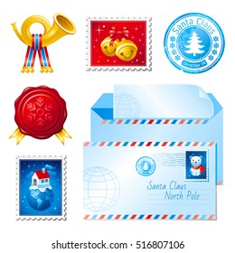 Merry Christmas Post icon set. Letter for Santa Claus icons, design elements. Paper envelope, sheet, postage stamps, wax stamp, golden horn symbol. Vector illustration