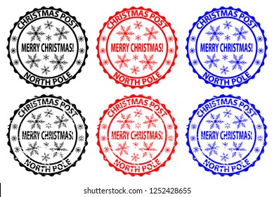 Merry Christmas, Christmas Post, North Pole, rubber stamp, sticker, vector, black, red, blue,