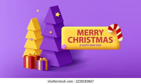 Merry Christmas postcard with 3d stylized Christmas Tree and gift boxes with stars and lettering with candy, render cartoon composition