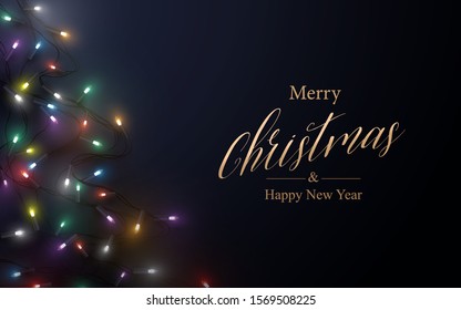 Merry Christmas postcard. Abstract Xmas sparkling lights garland christmas tree shape on dark background