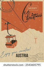 Merry Christmas Postcard, Austria Ski Resort, Aerial Tram, Mountains, Snowfall. Retro Greeting Card Style Illustration. Vintage Colors, Aged Paper Texture