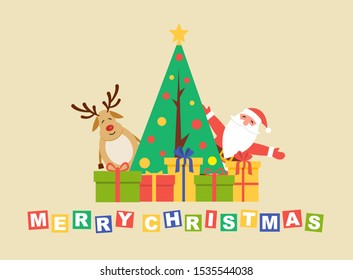 Merry Christmas postcard background with colorful gift. Happiness Deer and Santa Clase. Flat style. Vector illustration.
