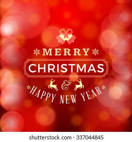 Merry Christmas Postcard Badge or Label. Vintage Typographic Badge with Christmas Bells and Reindeers on Red Background. Vector Illustration