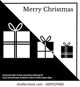 Merry Christmas postcard, banner, flyer, black outline on white background. New Year's gifts for everyone, text, geometric shapes. Isolated vector illustration, icon.