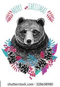 Merry Christmas postcard. Bear, cone and berry hand drawn illustration