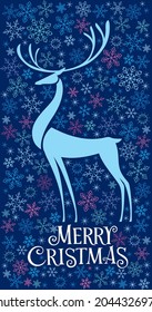 Merry Christmas postcard. Beautiful stylized deer on a background of decorative snowflakes