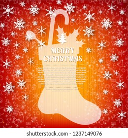 Merry christmas postcard with a big white sock gaily decorated, different kind of objects inside and text in centre on red background vector illustration