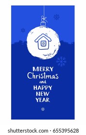 Merry Christmas, postcard blue, a snow globe, English font. Christmas card greetings in English. Vector. 
