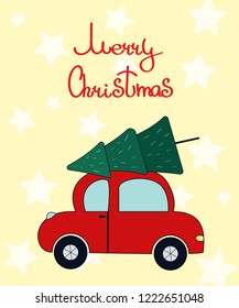 Merry Christmas postcard with car and tree.