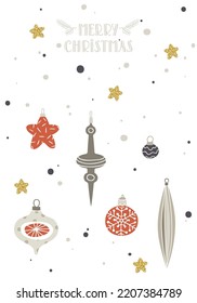 Merry Christmas postcard. Cartoon Christmas decorations and golden stars.