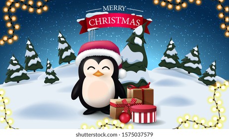 Merry Christmas, postcard with cartoon night winter landscape and penguin in Santa Claus hat with presents