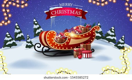 Merry Christmas, postcard with cartoon winter landscape and Santa sleigh with presents